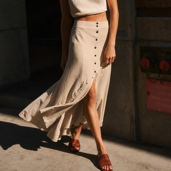 FP Beach Dresses & Skirts - Free People FP Beach Beige Jackie Midi Skirt Button Up A-Line Cotton Size Small